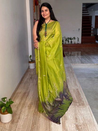 Green Drishti Chanderi Saree With Hand Work