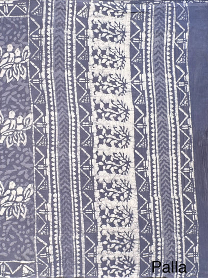 Bluish Grey Hand Block Print Pure Cotton Saree
