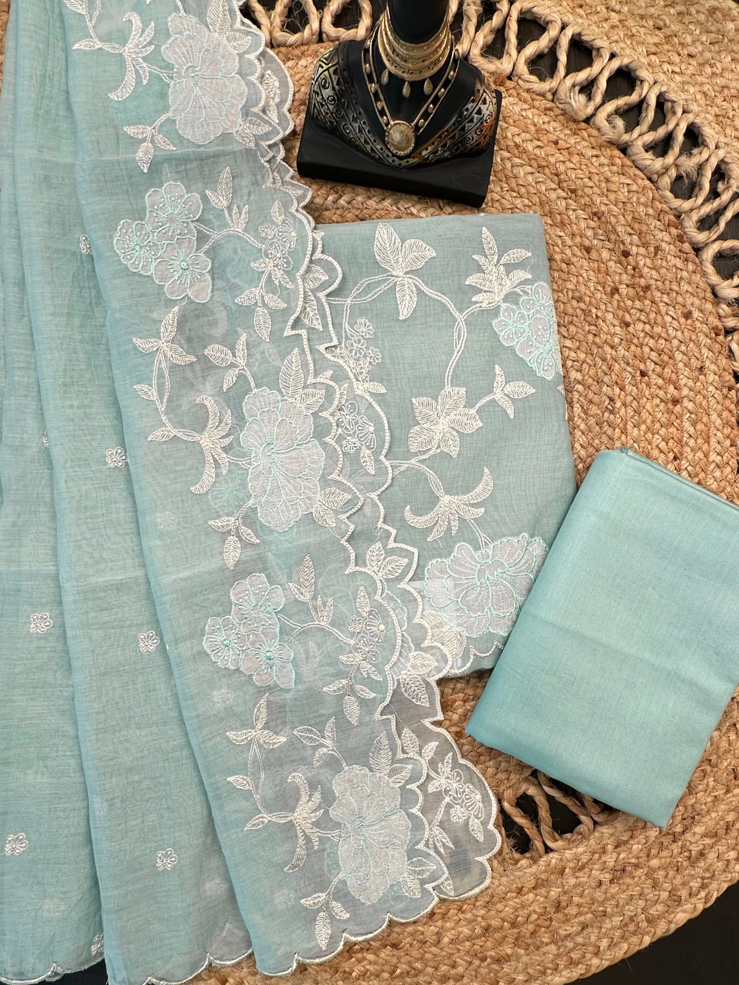 Sky Blue Cotton Chanderi 3-Piece Unstitched Suit