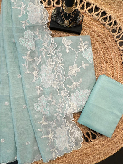 Sky Blue Cotton Chanderi 3-Piece Unstitched Suit