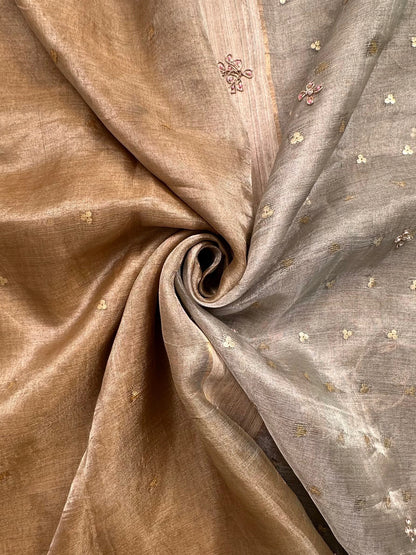 Golden-Silver Tissue Silk Saree With Hand Work