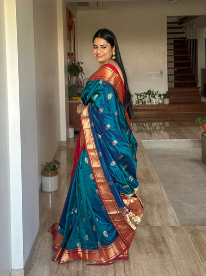 Peacock Blue-Red Paithini Silk Saree