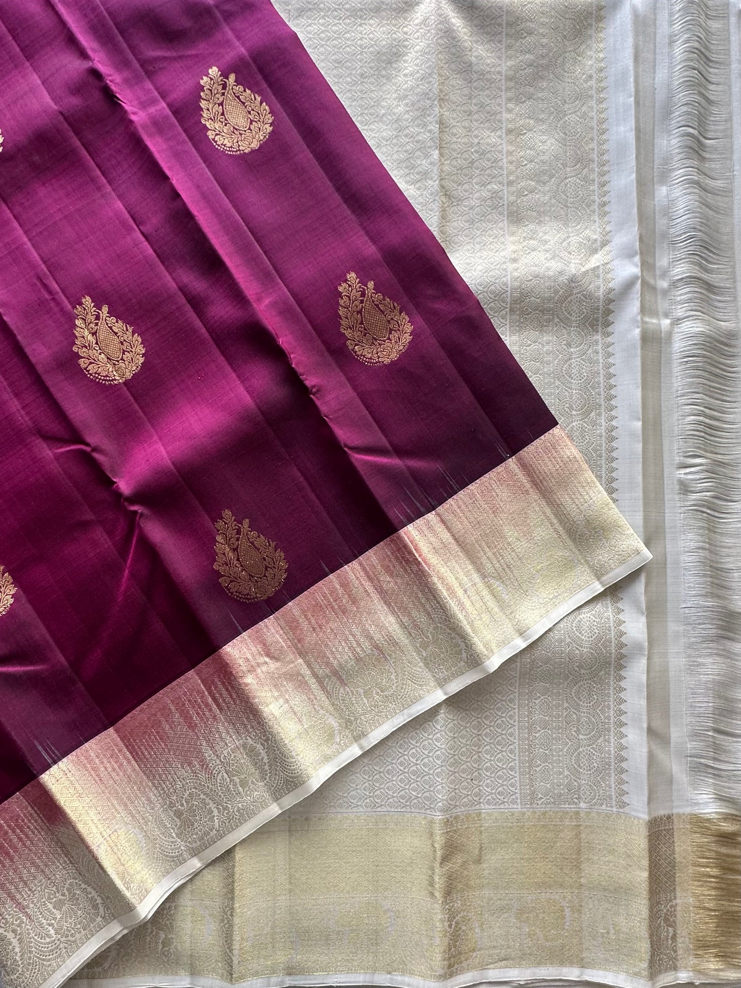 Wine-Cream Handloom Kanjivaram Pure Silk Saree