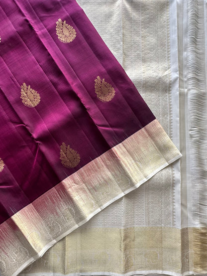 Wine-Cream Handloom Kanjivaram Pure Silk Saree
