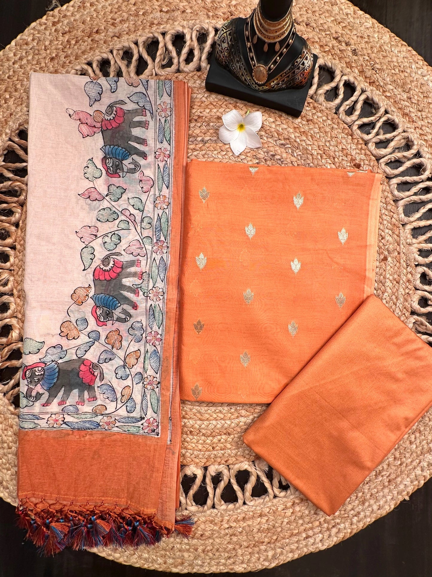 Orange Chanderi 3-Piece Unstitched Suit with Madhubani Dupatta