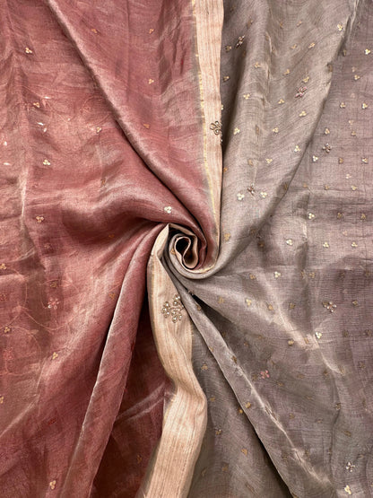 Dusky Pink- Silver Tissue Silk Saree with Hand Work