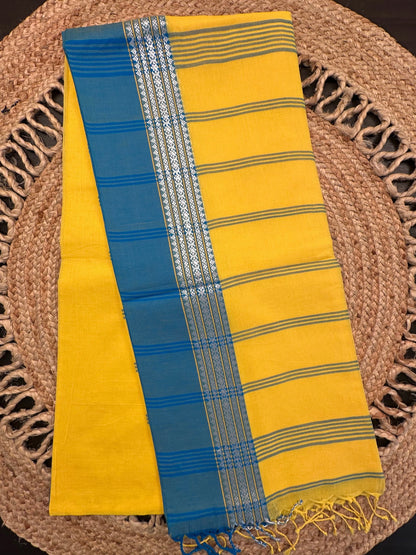Yellow-Firozi Piku Bengal Cotton Saree
