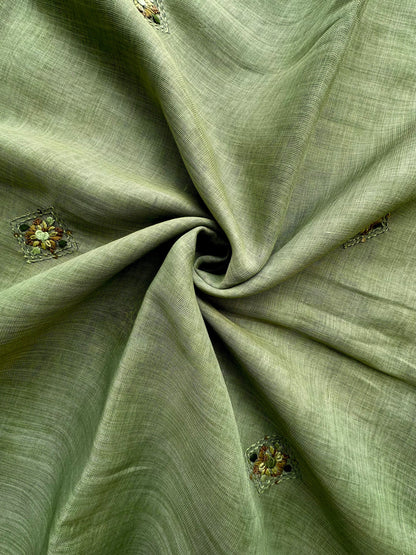 Green Blended Cotton Saree with Hand Embroidery