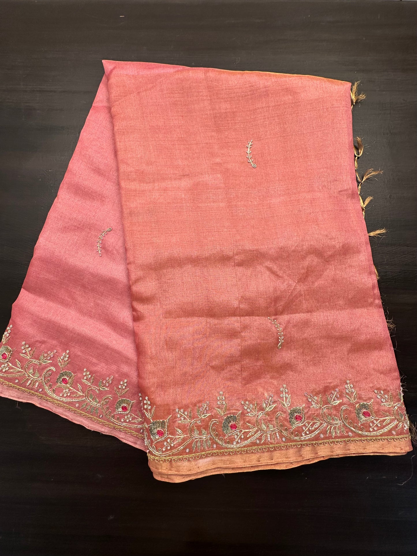 Coral Pink Tissue Silk Saree With Work