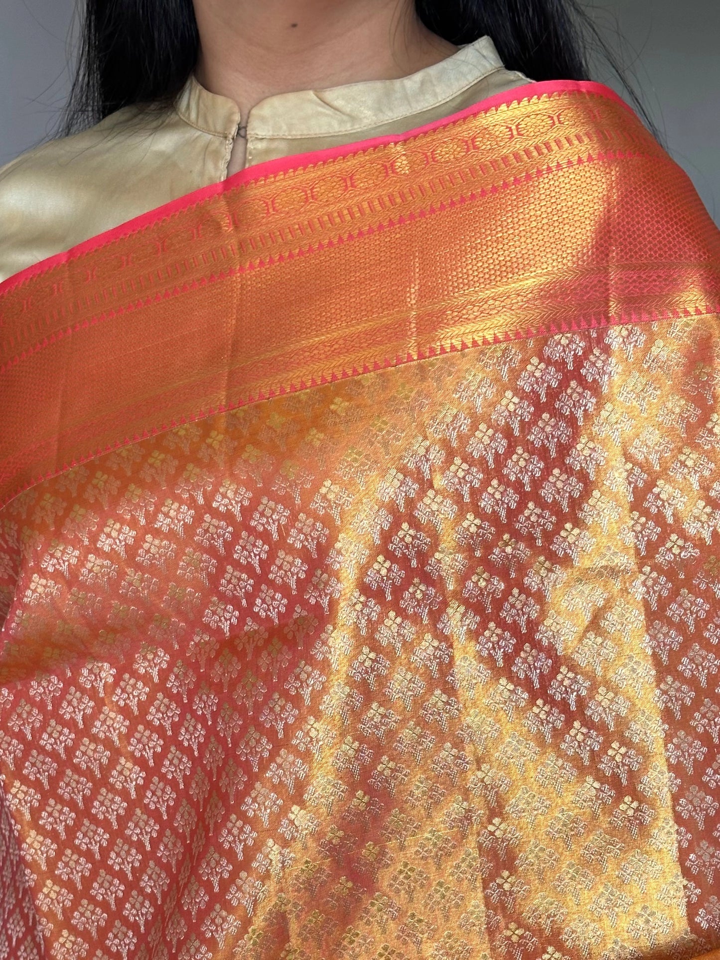 Peach Handloom Jamawar Pure Tissue Silk Saree