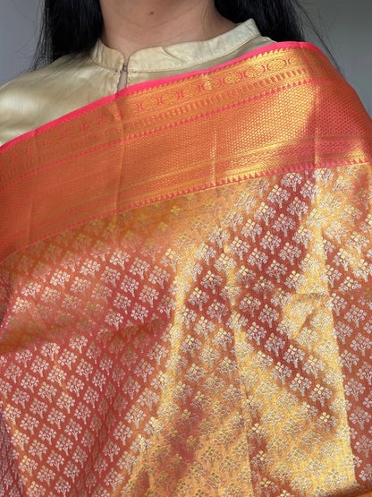 Peach Handloom Jamawar Pure Tissue Silk Saree