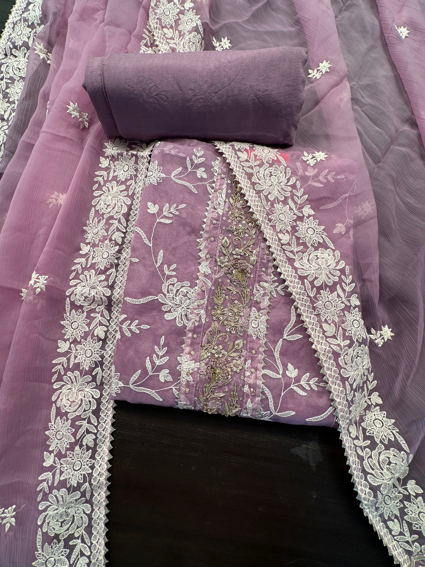 Mauve Art Organza 3-Piece Suit