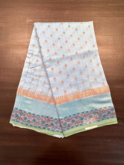 Blue Chanderi Saree with Hand Block Print