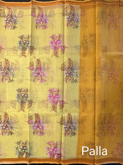 Yellow Floral Print Kota Doria Cotton Saree
