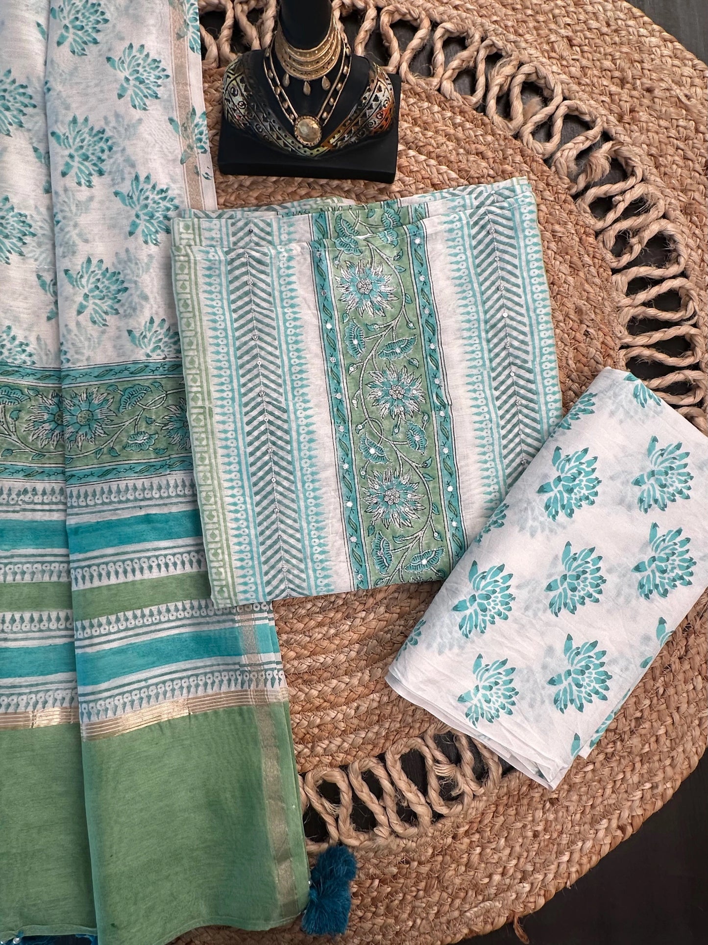 Off White-Pista Hand Block Printed Chanderi 3-Piece Unstitched Suit with Aari Work