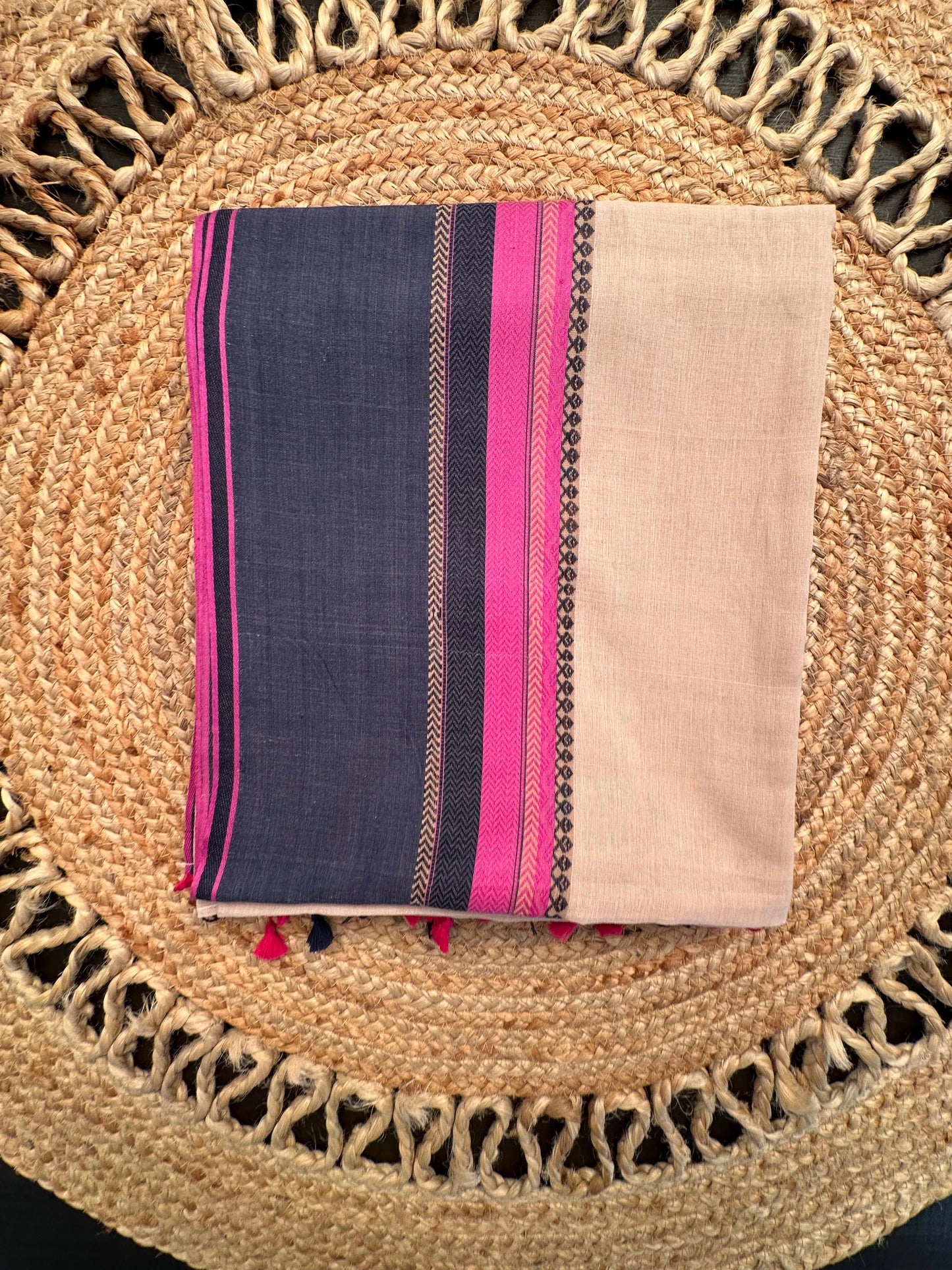 Beige-Navy Piyali Bengal Cotton Saree