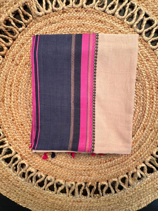 Beige-Navy Piyali Bengal Cotton Saree