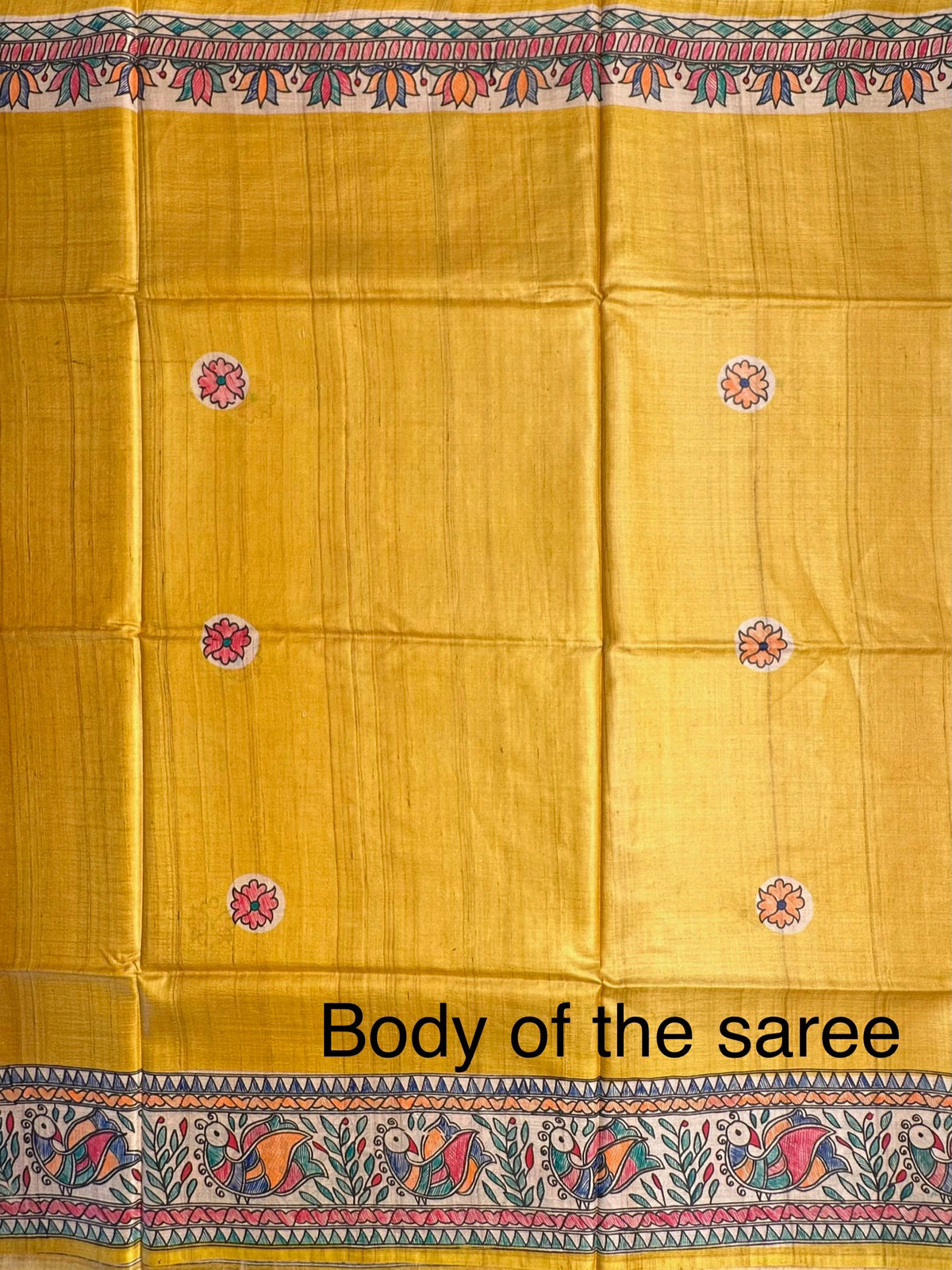Yellow Madhubani Art Pure Tussar Silk Saree