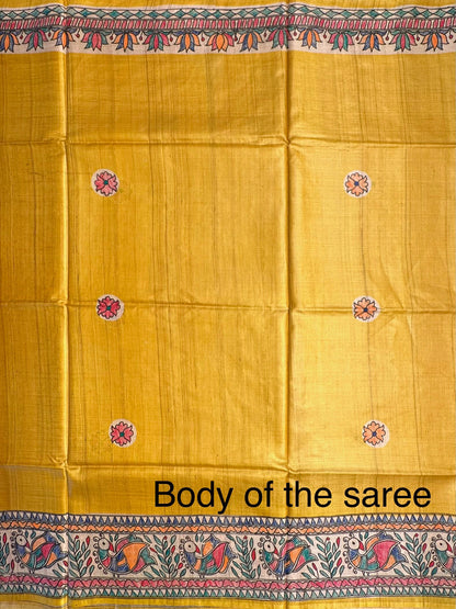 Yellow Madhubani Art Pure Tussar Silk Saree