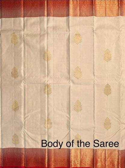 Cream-Red Handloom Kanjivaram Pure Silk Saree