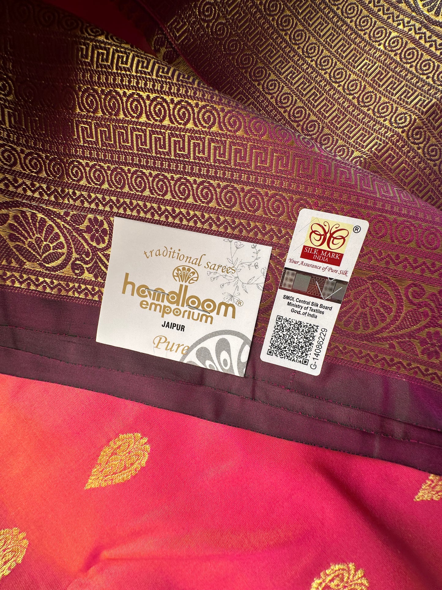 Coral Pink Pondicherry Handloom Pure Silk Saree