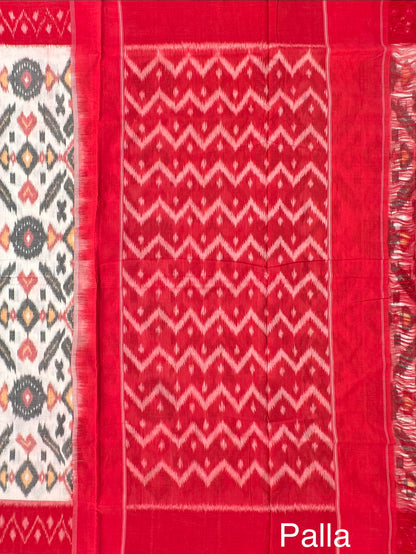 Off White-Red Ikkat Cotton Saree