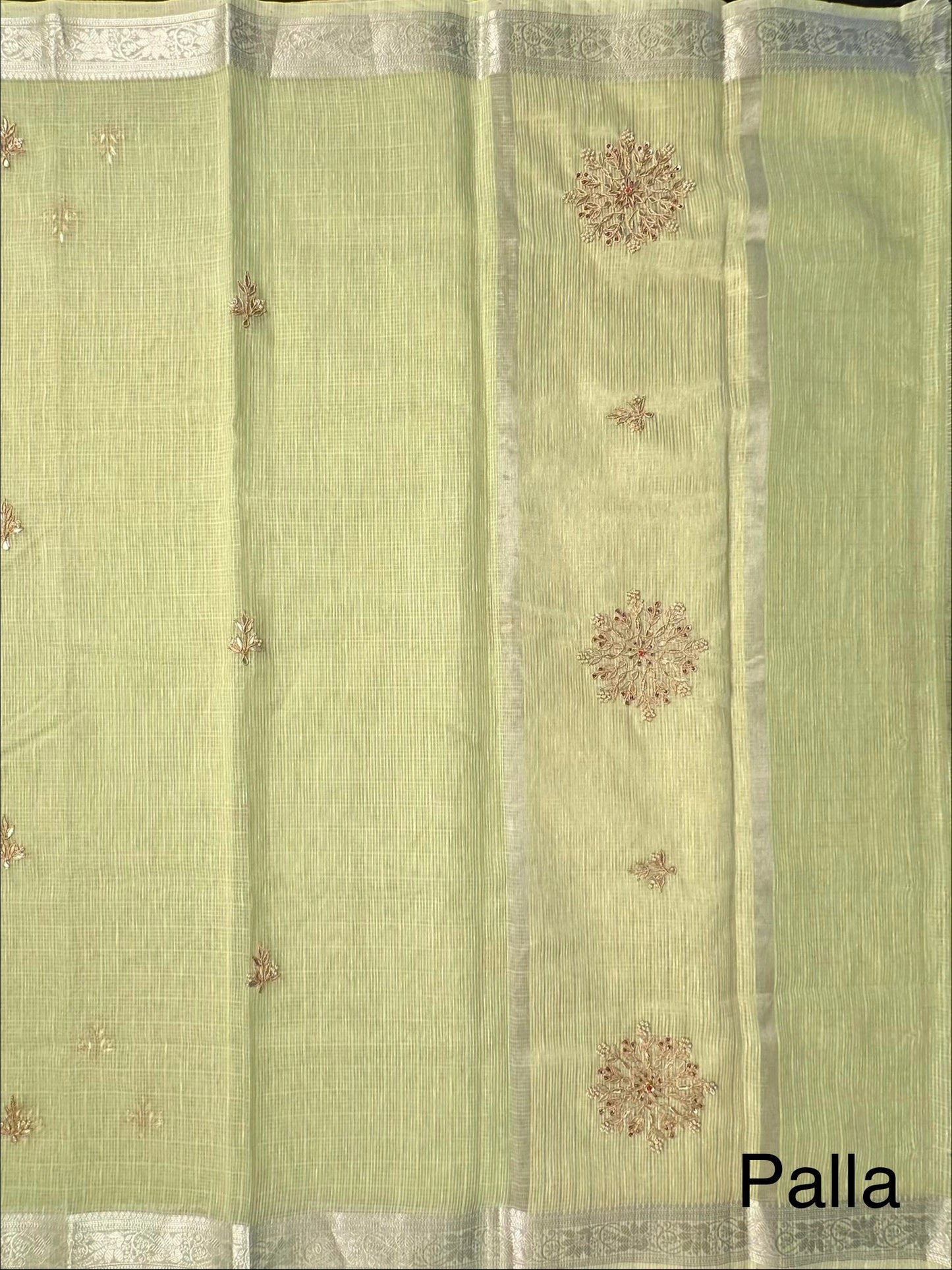 Pista Green Fancy Cotton Saree With Hand Work