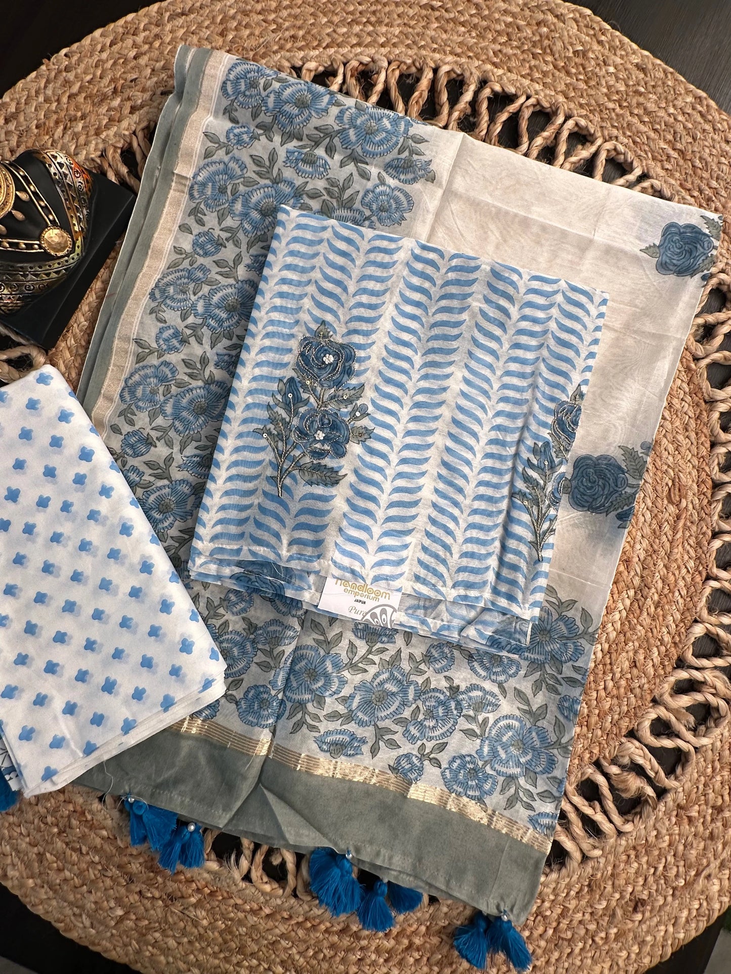 Off White- Blue Hand Block Printed Chanderi 3-Piece Unstitched Suit with Aari Work
