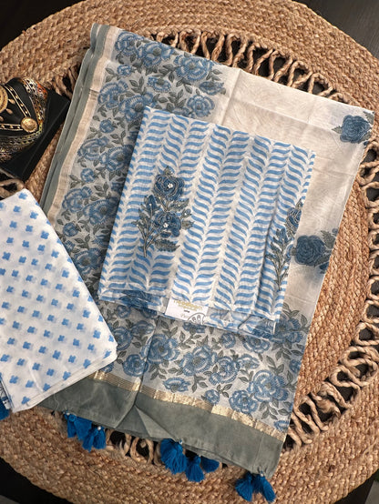 Off White- Blue Hand Block Printed Chanderi 3-Piece Unstitched Suit with Aari Work