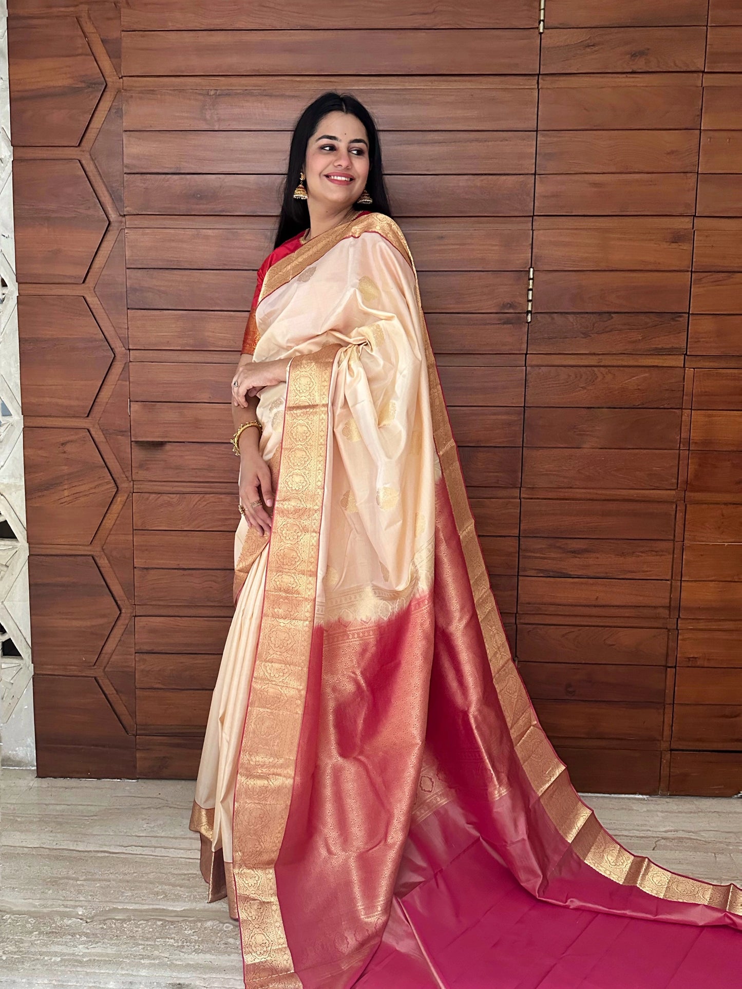 Cream Pondicherry Handloom Pure Silk Saree