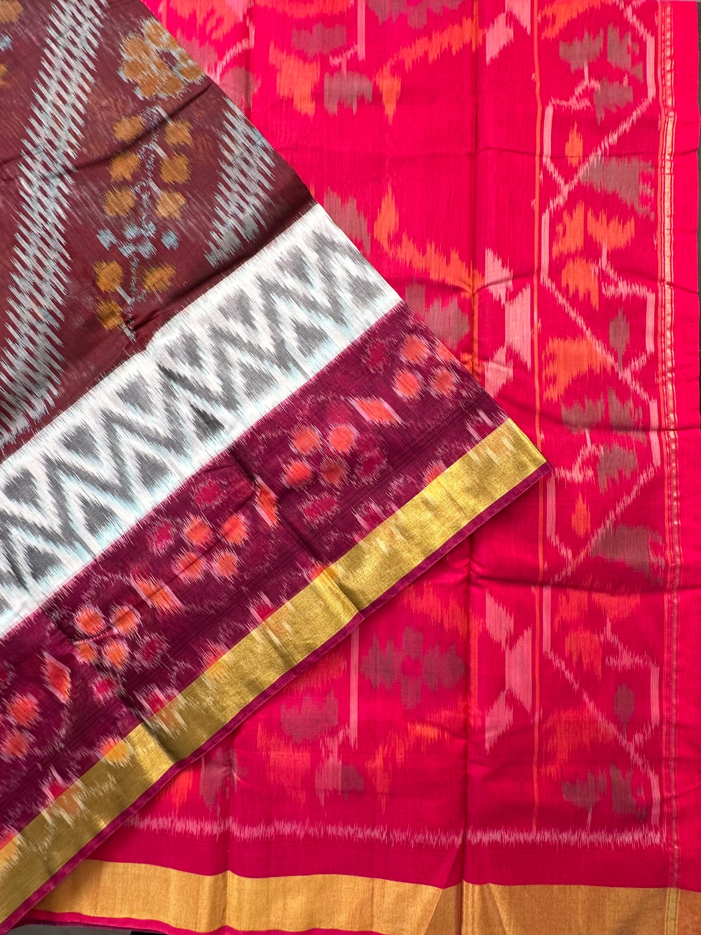Wine-Rani Ikkat Kosa Cotton Silk Saree
