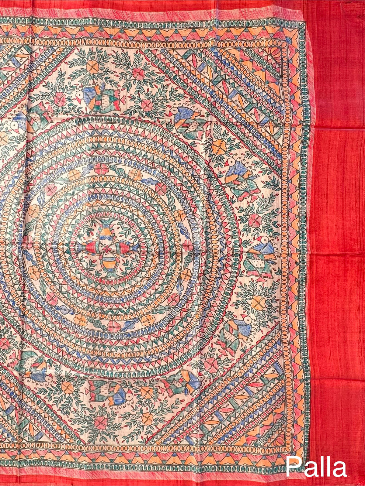 Red Madhubani Art Pure Tussar Silk Saree