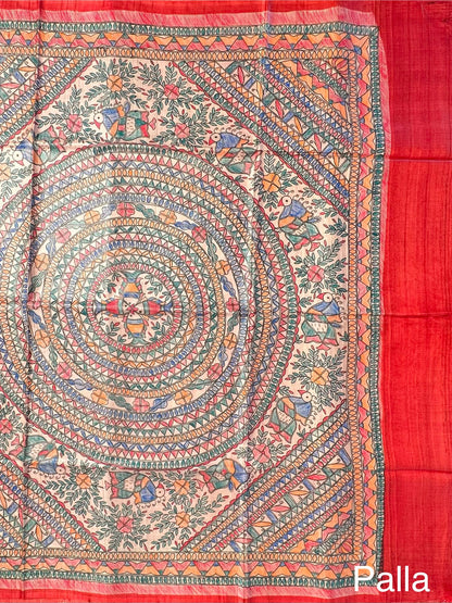 Red Madhubani Art Pure Tussar Silk Saree
