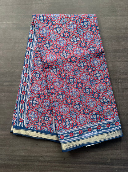 Navy Blue Ajrakh Print Cotton Blend Saree