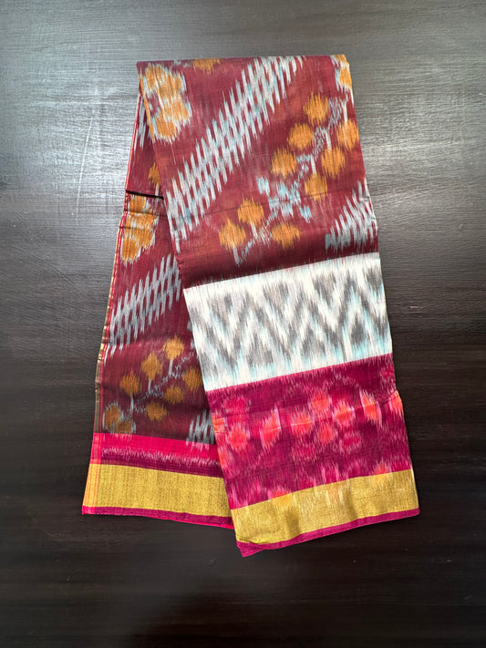 Wine-Rani Ikkat Kosa Cotton Silk Saree