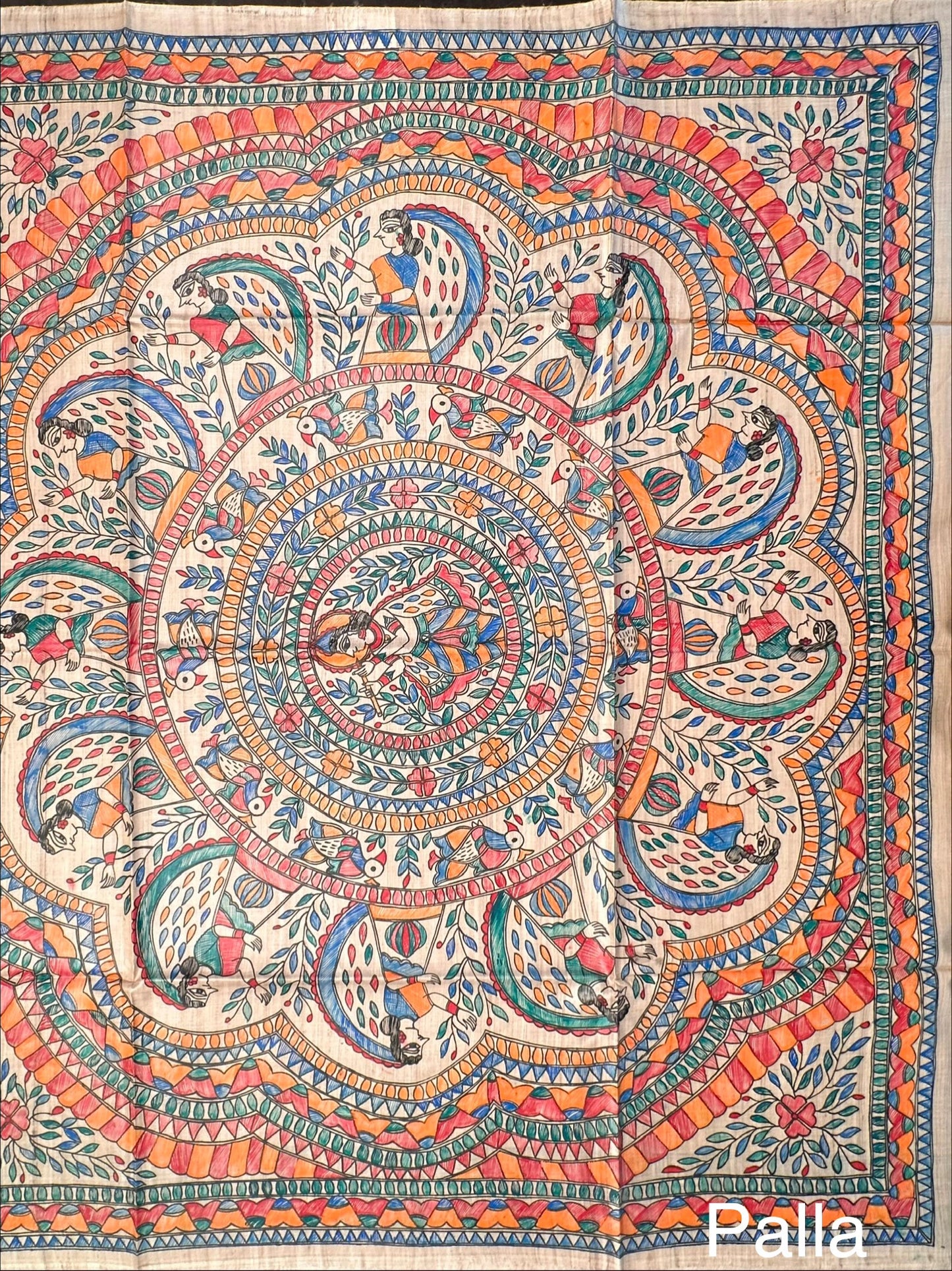 Beige Madhubani Art Pure Tussar Silk Saree