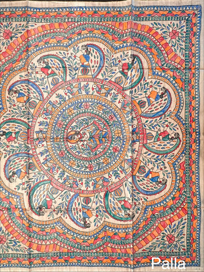 Beige Madhubani Art Pure Tussar Silk Saree