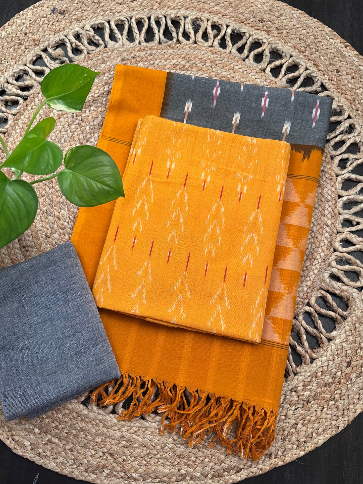 Mustard Ikkat Handloom Cotton Unstitched 3-Piece Suit