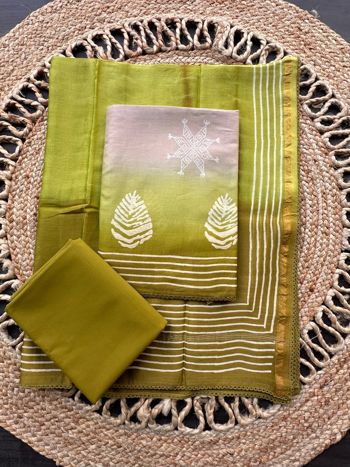 Beige-Mehendi Green Akanksha Chanderi 3-Piece Unstitched Suit