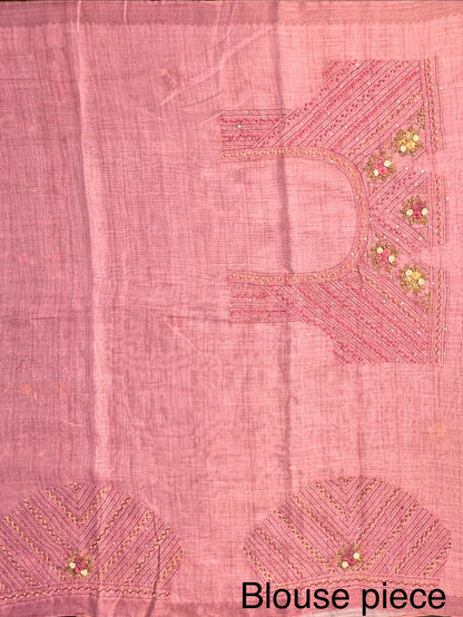Dusky Pink Blended Cotton Saree with Hand Embroidery