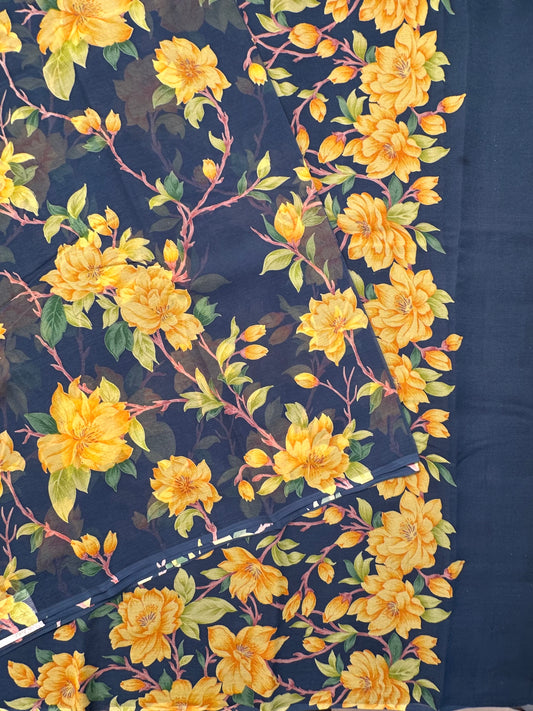 Navy Blue Floral Print Chiffon Saree