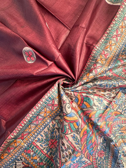 Maroon Madhubani Art Pure Tussar Silk Saree