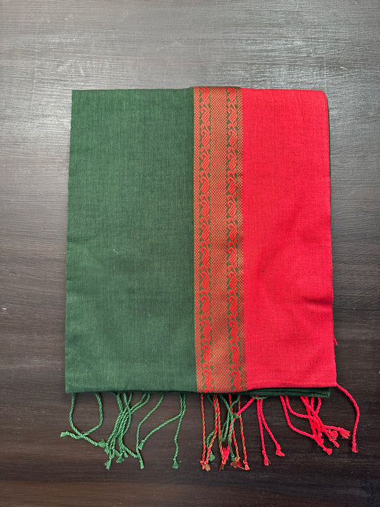 Bottle Green-Red Piku Bengal Cotton Saree