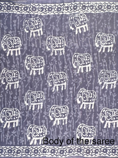 Bluish Grey Hand Block Print Pure Cotton Saree