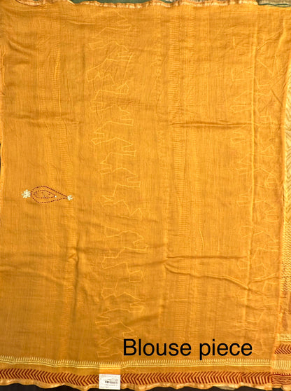 Mustard-Green Block Print Chanderi Saree With Kaantha Stitch