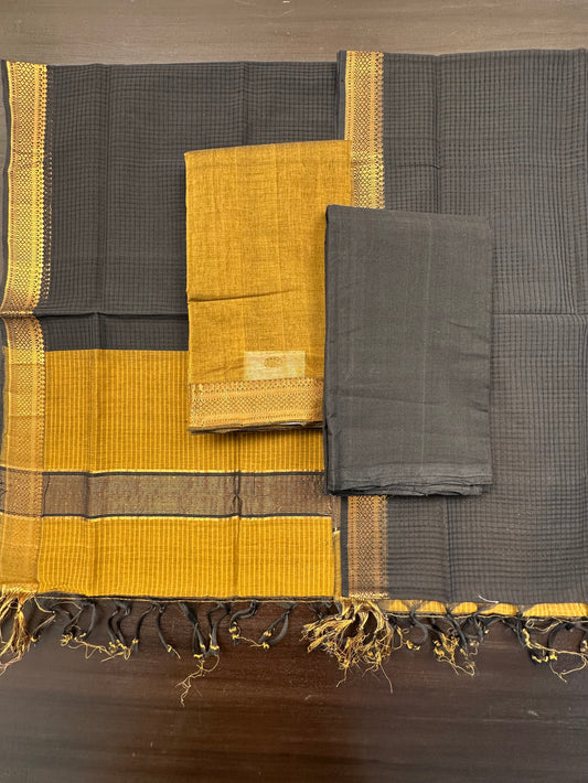 Mustard-Black Mangalgiri Pure Cotton Unstitched 3-Piece Suit