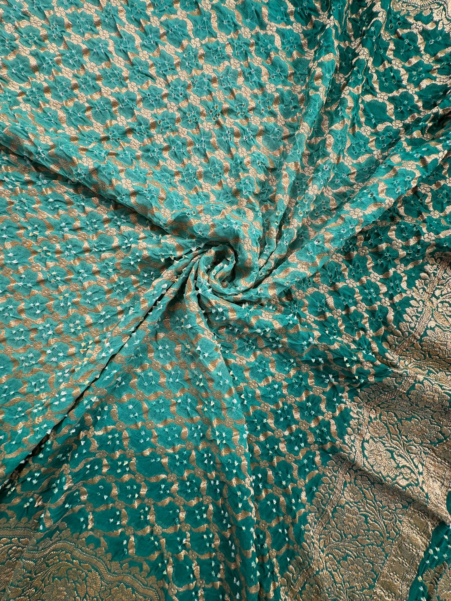 Sea Green Shaded Gharchola Bandhej Pure Khaddi Georgette Saree