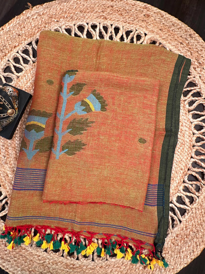 Mehendi Green Linen Dhakai 2 Piece Kurta Dupatta Unstitched Set