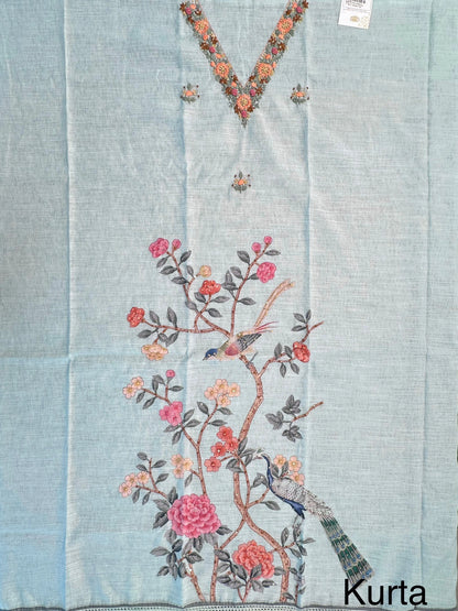 Powder Blue Hand Embroidery Fancy Cotton Suit