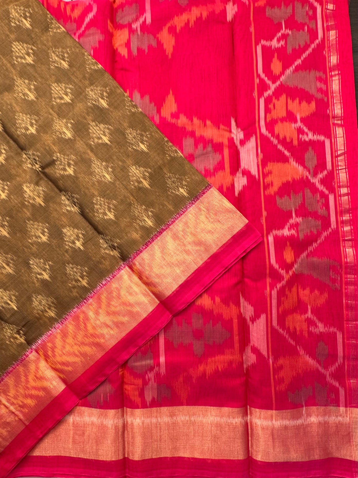 Mehendi Green Ikkat Kosa Cotton Silk Saree